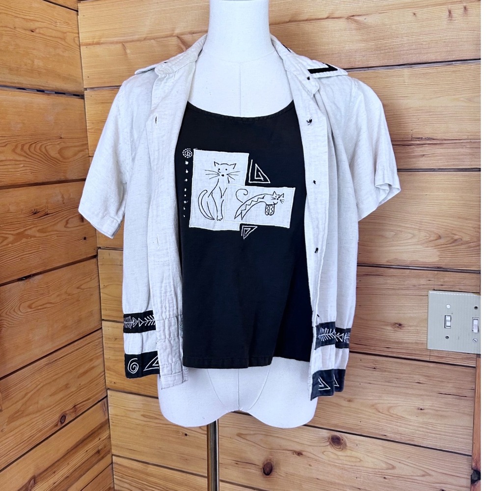 Vintage Linen Cat Print Shirt Women Large Cream Black Faux Layer Novelty MCM